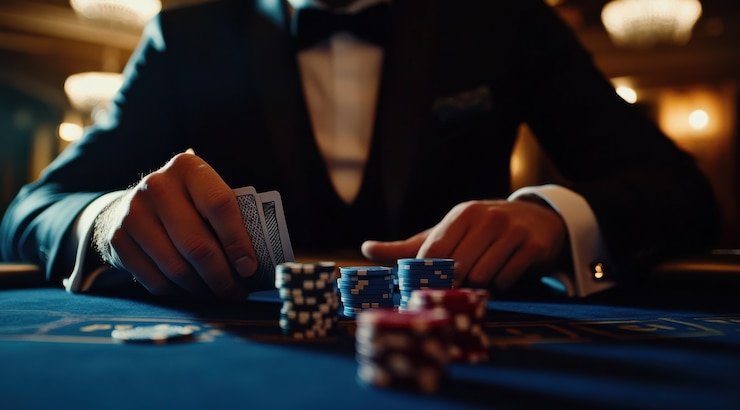 Layar Three Card Poker menampilkan kartu pemain, dealer, dan tombol keputusan